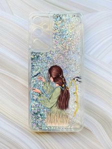 Чохол з плаваючими блискітками на Samsung Galaxy A34 5G (A346) Сріблястий :: Дівчина з ластівками (принт 16)