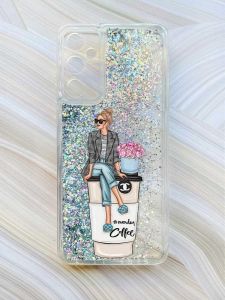 Чохол з плаваючими блискітками на Samsung Galaxy A15 (A155) Срібний :: Дівчина на каві (принт 228)