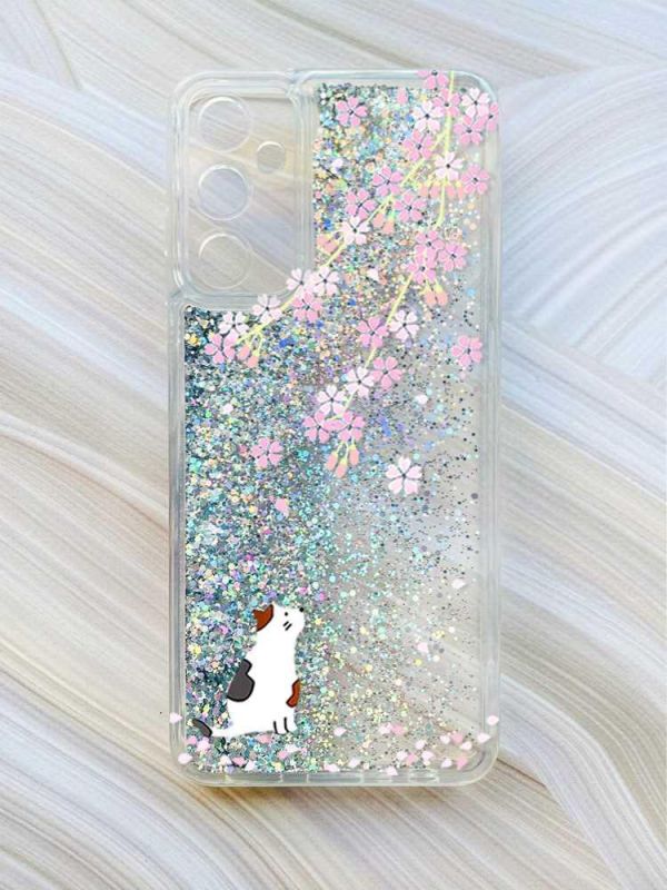Чохол з плаваючими блискітками на Samsung Galaxy A34 5G (A346) Сріблястий :: Котик і сакура (принт 283)