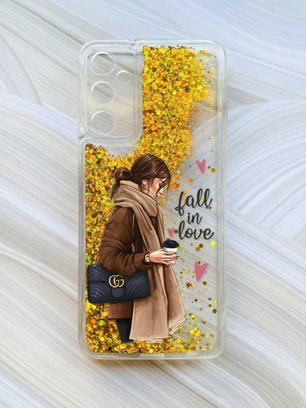 Чохол з плаваючими блискітками на Samsung Galaxy A35 (A356) Золотий :: Дівчина з кавою (принт 112)