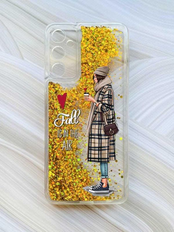 Чохол з плаваючими блискітками на Samsung Galaxy A35 (A356) Золотий :: Дівчина з кавою (принт 59)