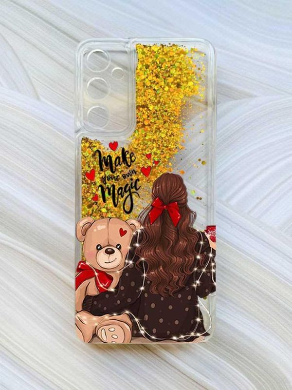 Чохол з плаваючими блискітками на Samsung Galaxy A35 (A356) Золотий :: Дівчина з ведмедиком (принт 188)