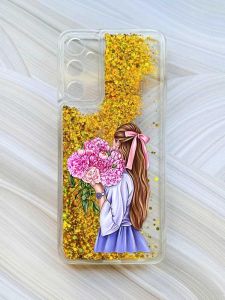Чохол з плаваючими блискітками на Samsung Galaxy A24 (A245) Золотий :: Дівчина з півоніями (принт 11)
