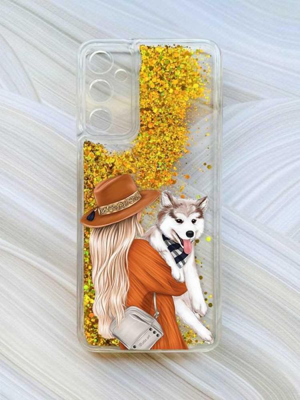 Чохол з плаваючими блискітками на Samsung Galaxy A35 (A356) Золотий :: Дівчина з песиком (принт 115)