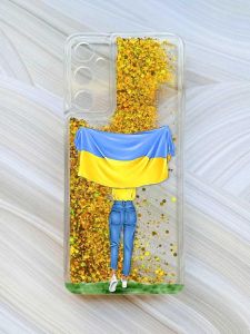 Чохол з плаваючими блискітками на Samsung Galaxy A24 (A245) Золотий :: Дівчина з прапором (принт 263)