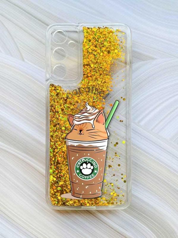 Чохол з плаваючими блискітками на Samsung Galaxy A35 (A356) Золотий :: Капучіно котик (принт 97)