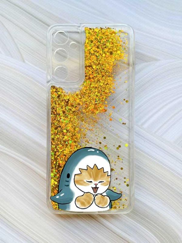 Чохол з плаваючими блискітками на Samsung Galaxy A35 (A356) Золотий :: Котик Акула (принт 376)