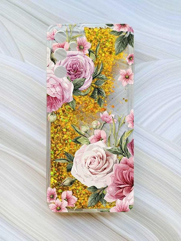 Чохол з плаваючими блискітками на Samsung Galaxy A35 (A356) Золотий :: Рожеві квіти (принт 287)