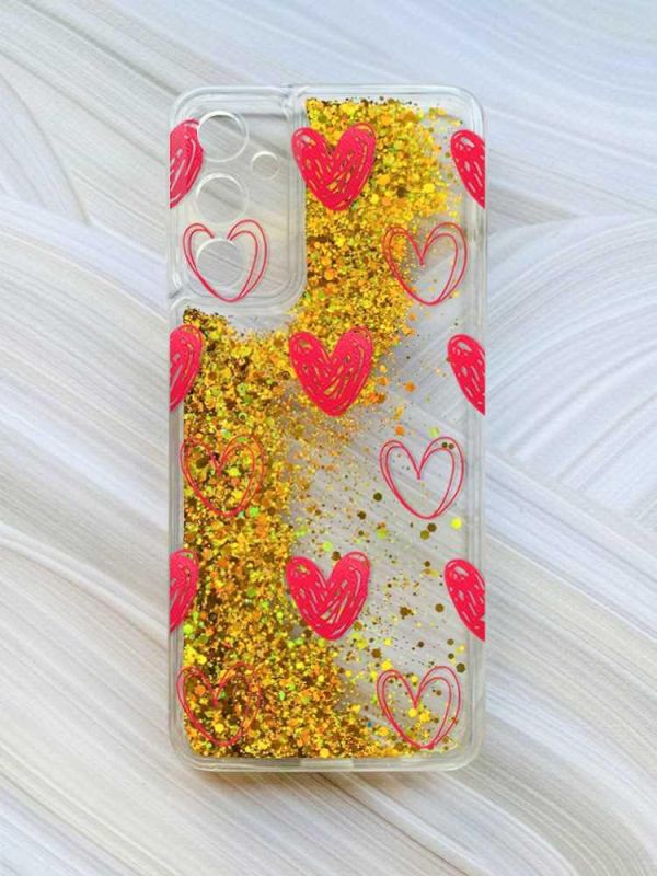Чохол з плаваючими блискітками на Samsung Galaxy A35 (A356) Золотий :: Сердечка червоні (принт 77)