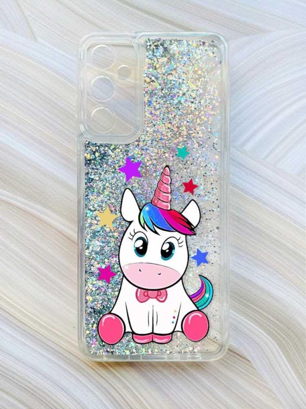 Чохол з плаваючими блискітками на Samsung Galaxy A24 (A245) Сріблястий :: Єдиноріг (принт 102)