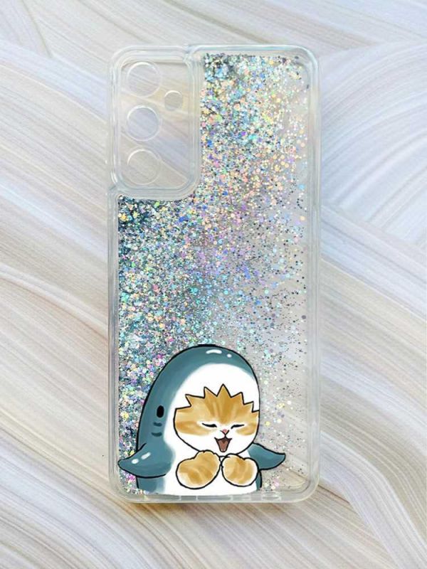 Чохол з плаваючими блискітками на Samsung Galaxy A24 (A245) Сріблястий :: Котик Акула (принт 376)