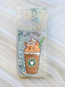 Чохол з плаваючими блискітками на Samsung Galaxy A35 (A356) Сріблястий :: Капучіно котик (принт 97)