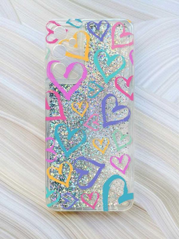 Чохол з плаваючими блискітками на Samsung Galaxy A24 (A245) Сріблястий :: Різнокольорові сердечка (принт 332)