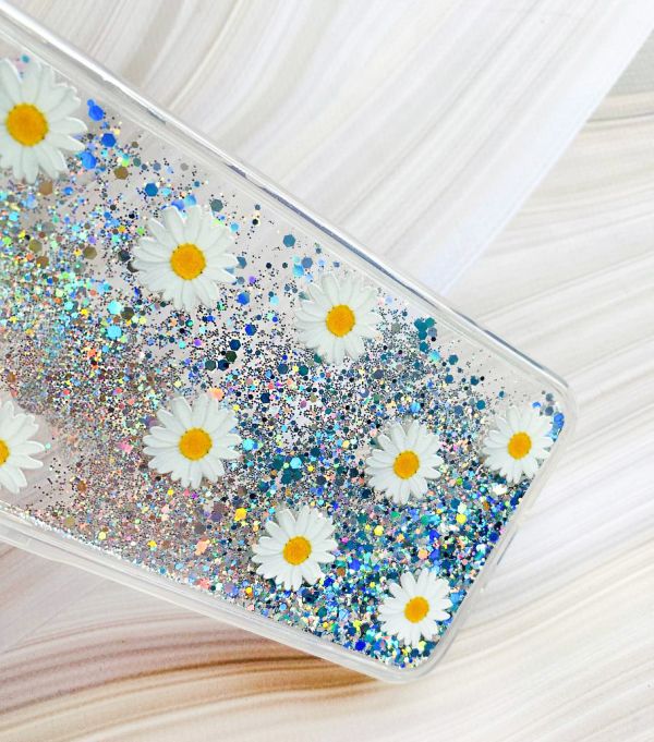 Чохол з плаваючими блискітками на Samsung Galaxy A24 (A245) Сріблястий :: Фон ромашки (принт 41)